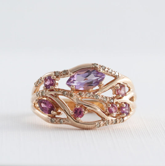 Pre Owned 9ct Rose Gold Amethyst & Pink Tourmaline Ring