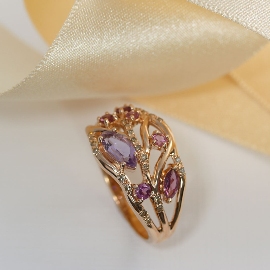 Pre Owned 9ct Rose Gold Amethyst & Pink Tourmaline Ring