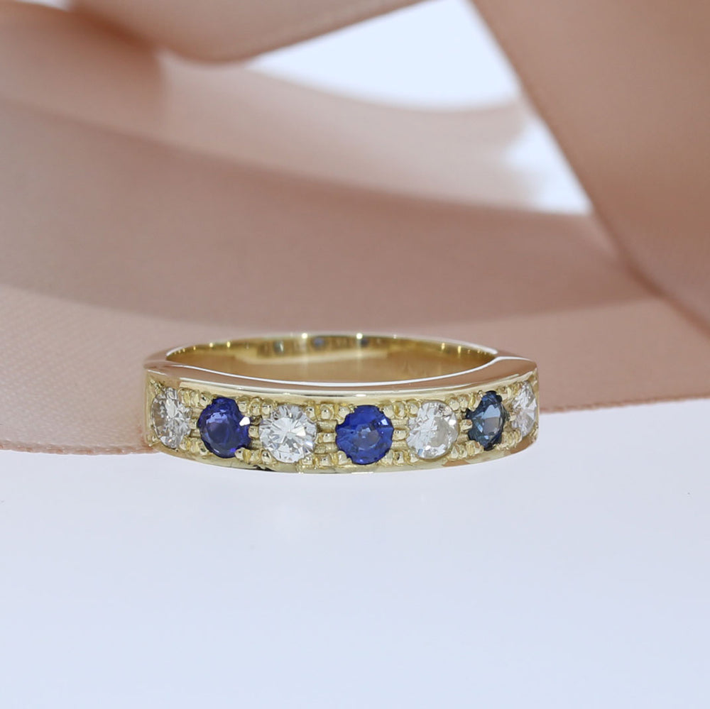 9ct Yellow Gold 7 Stone Sapphire & Diamond Ring