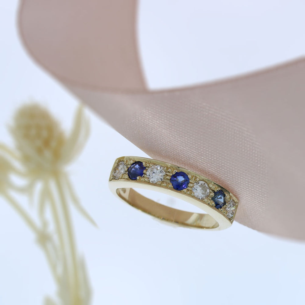 9ct Yellow Gold 7 Stone Sapphire & Diamond Ring