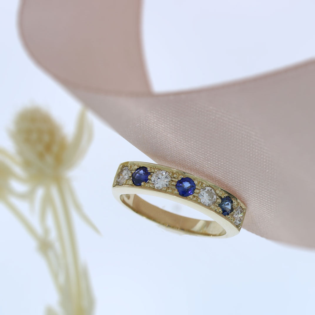 9ct Yellow Gold 7 Stone Sapphire & Diamond Ring