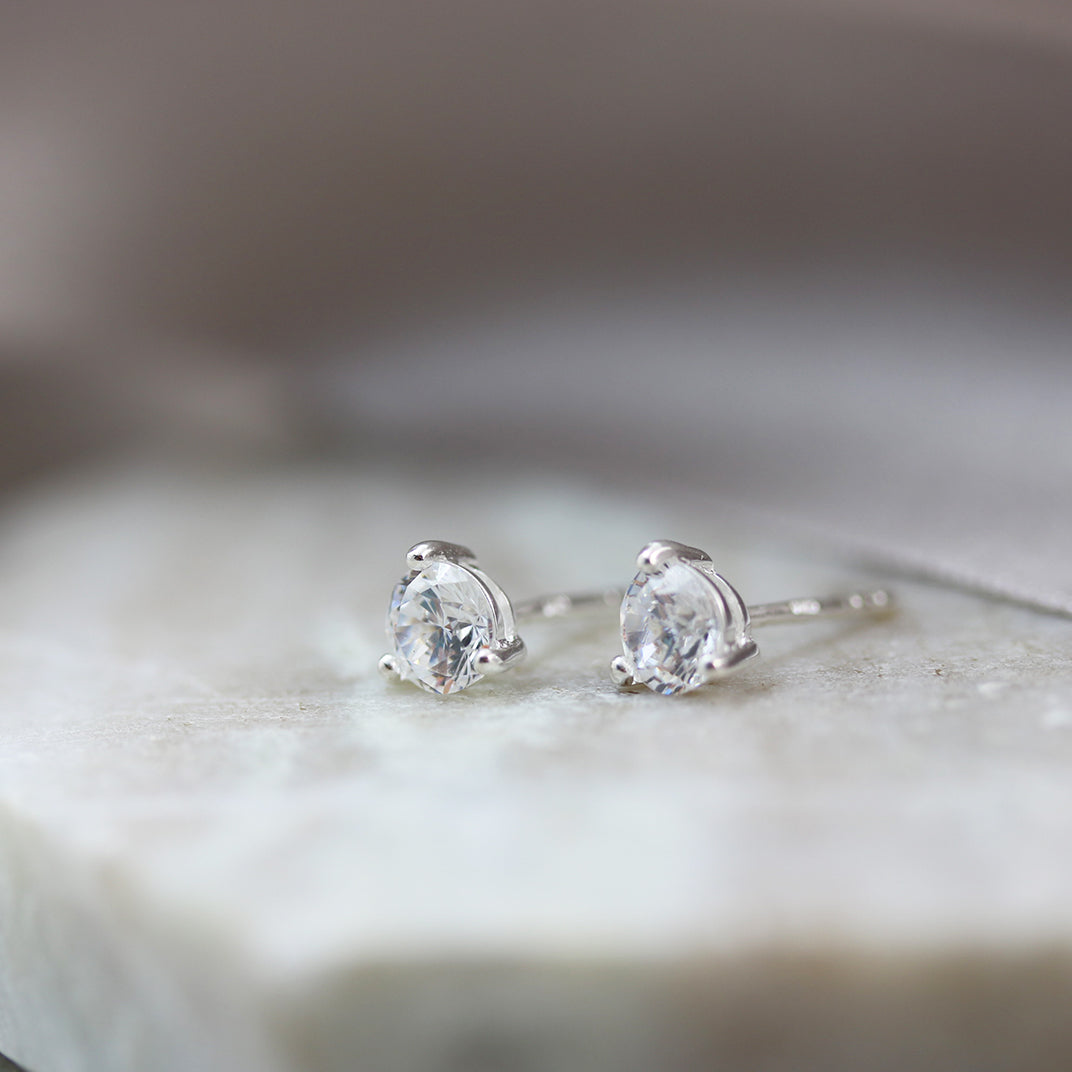Silver 3 Claw Cubic Zirconia Stud Earrings