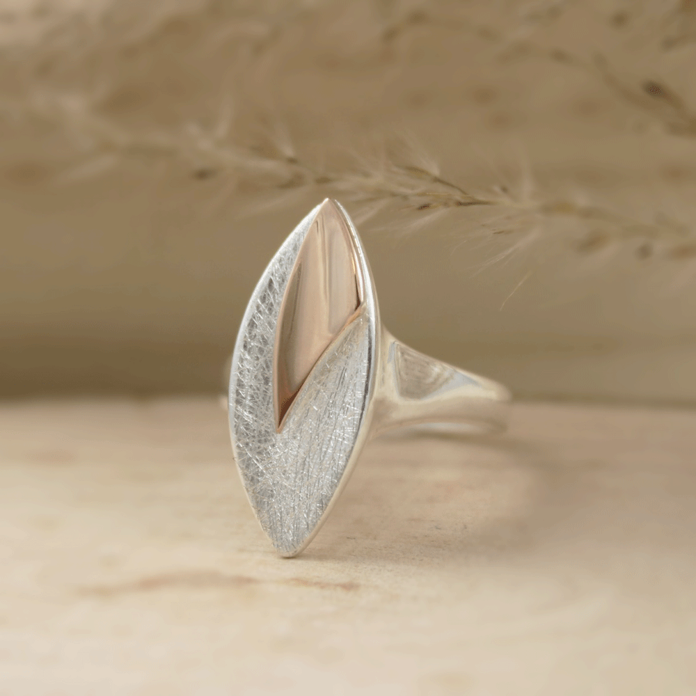 Silver Long Marquise Shape Ring with Rose Gold Overlay
