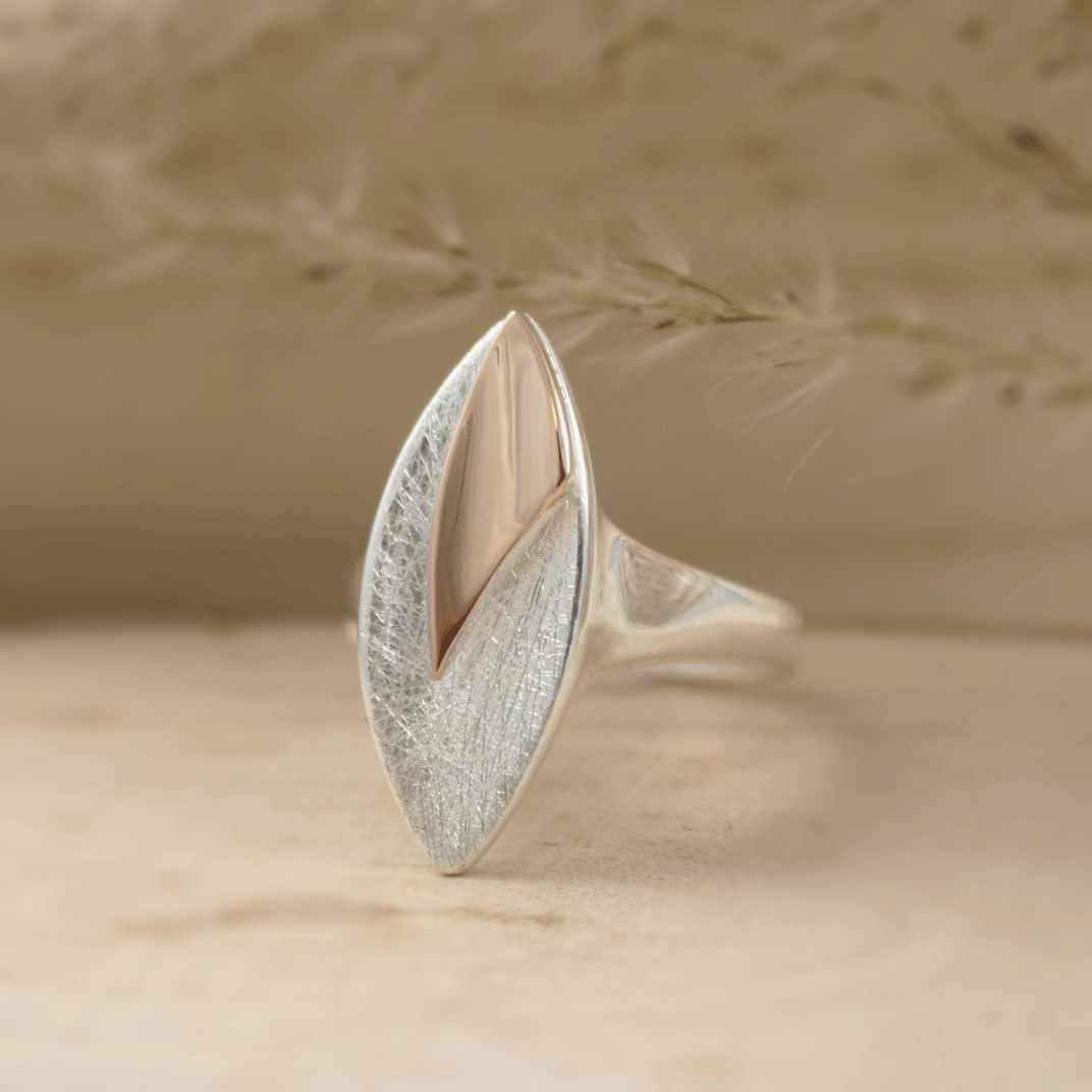 Silver Long Marquise Shape Ring with Rose Gold Overlay