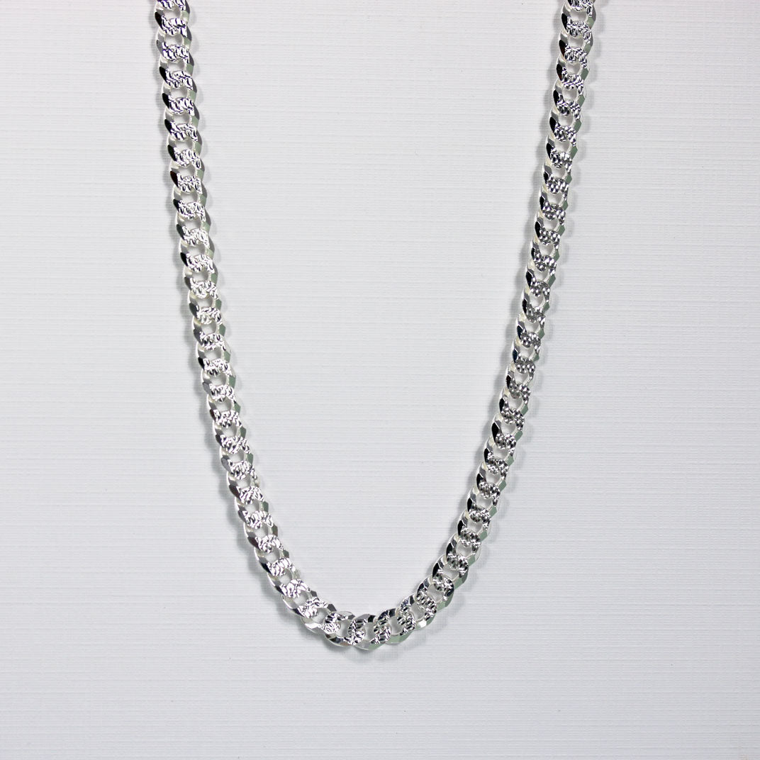 Silver 925 Flat Curb Chain With Patterned Links 22 Inch