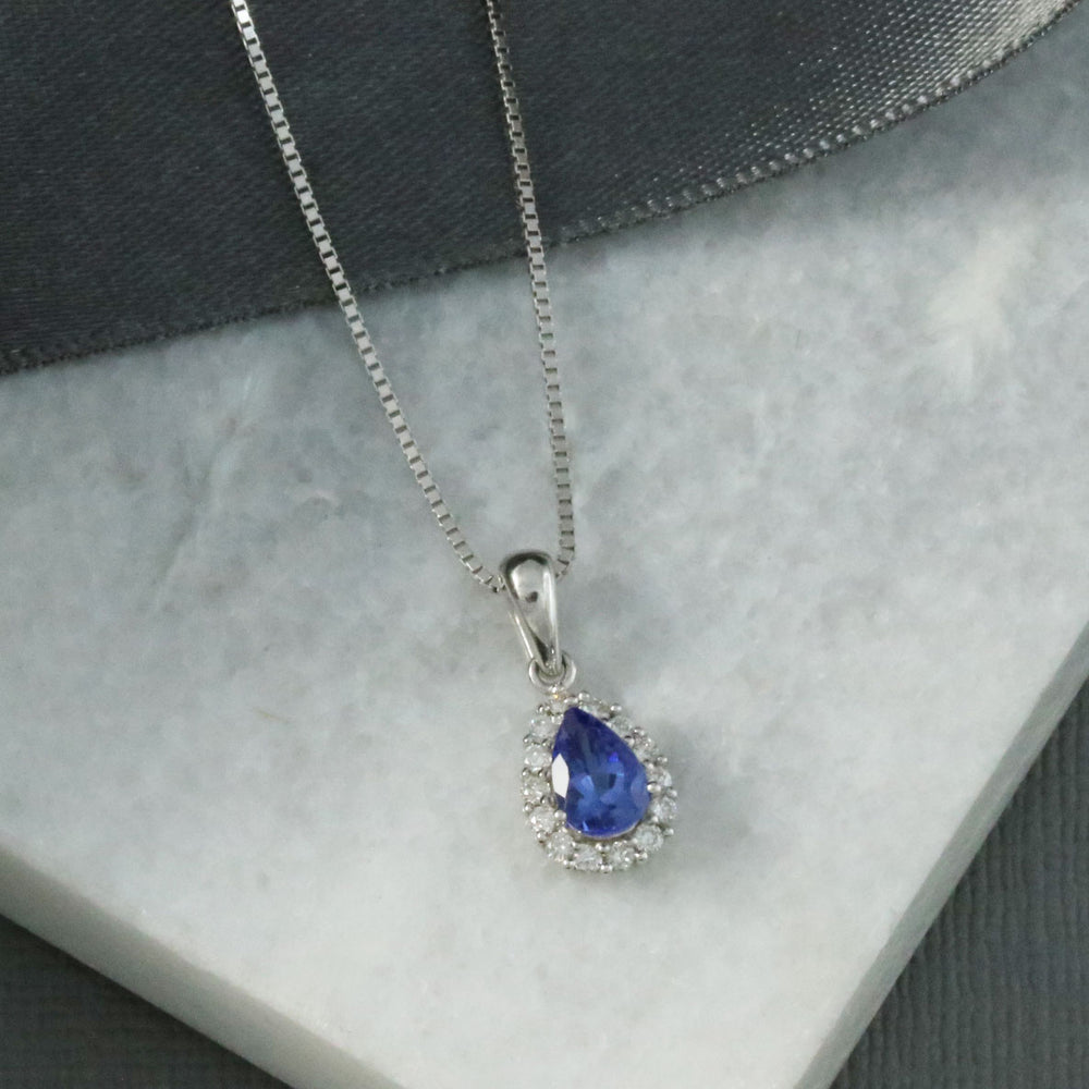 9ct White Gold Pear Shape Tanzanite & Diamond Pendent On 9ct Gold Fine Chain 18 inch