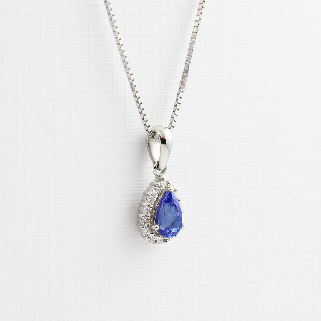 9ct White Gold Pear Shape Tanzanite & Diamond Pendent On 9ct Gold Fine Chain 18 inch