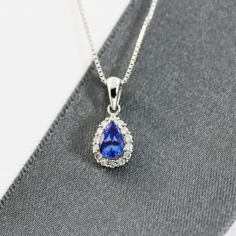 9ct White Gold Pear Shape Tanzanite & Diamond Pendent On 9ct Gold Fine Chain 18 inch