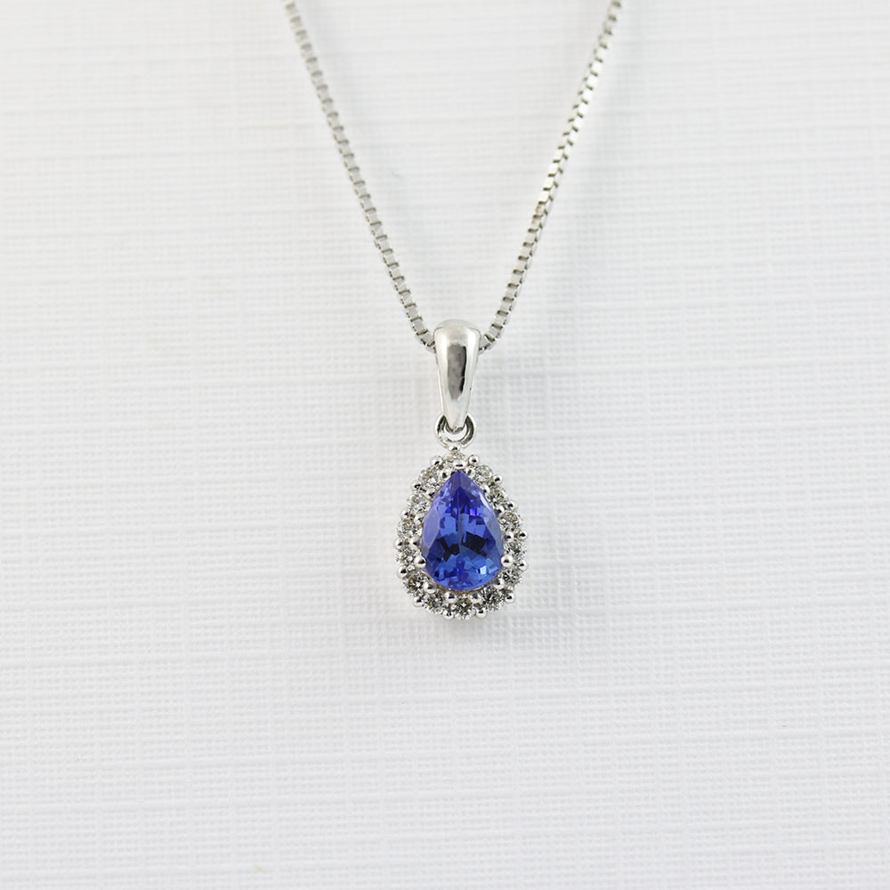 9ct White Gold Pear Shape Tanzanite & Diamond Pendent On 9ct Gold Fine Chain 18 inch