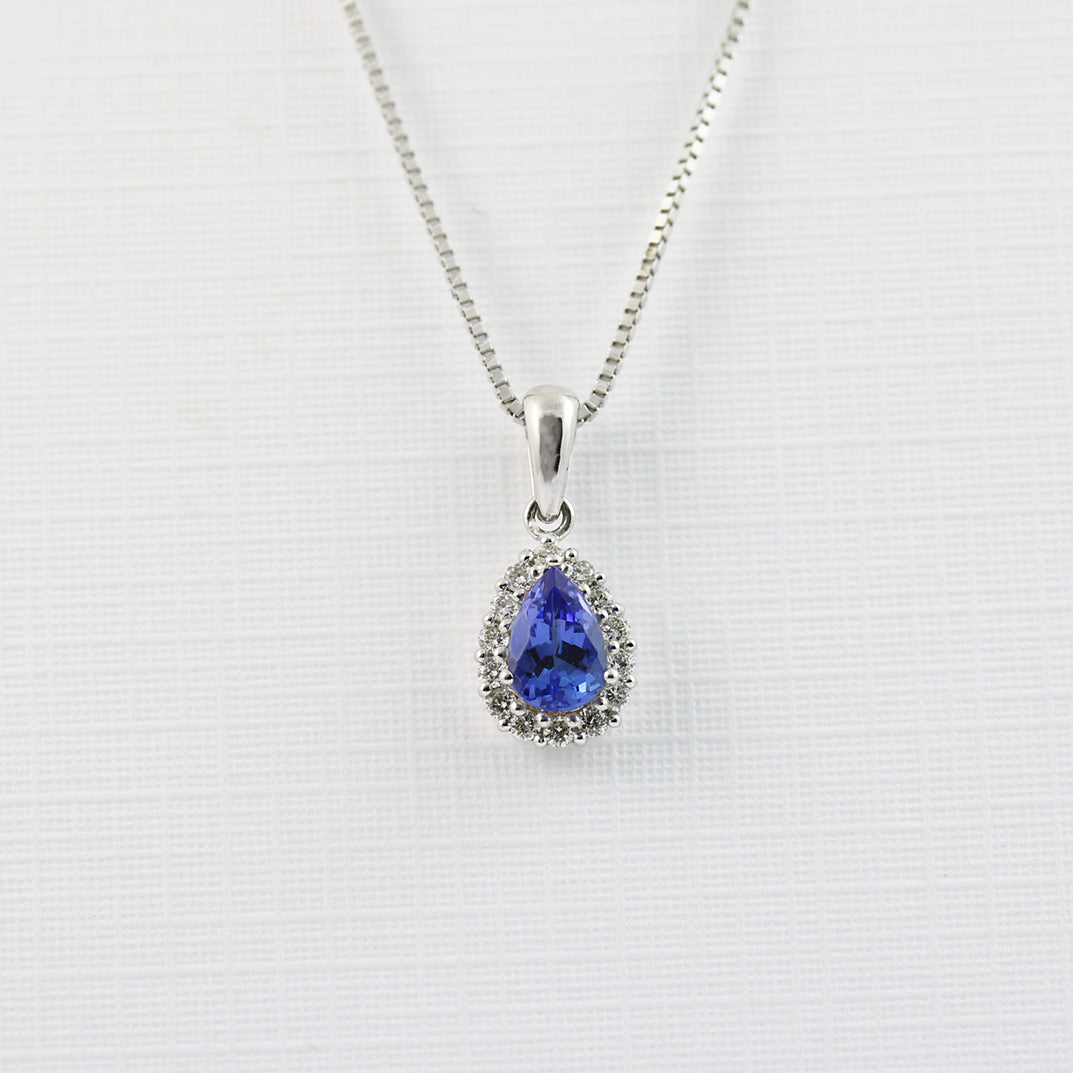 9ct White Gold Pear Shape Tanzanite & Diamond Pendent On 9ct Gold Fine Chain 18 inch