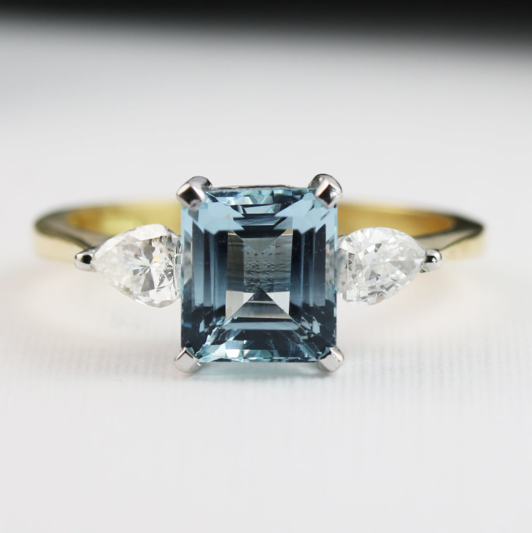 18ct Yellow Gold Oblong Aquamarine and Pear Shape Diamond Ring