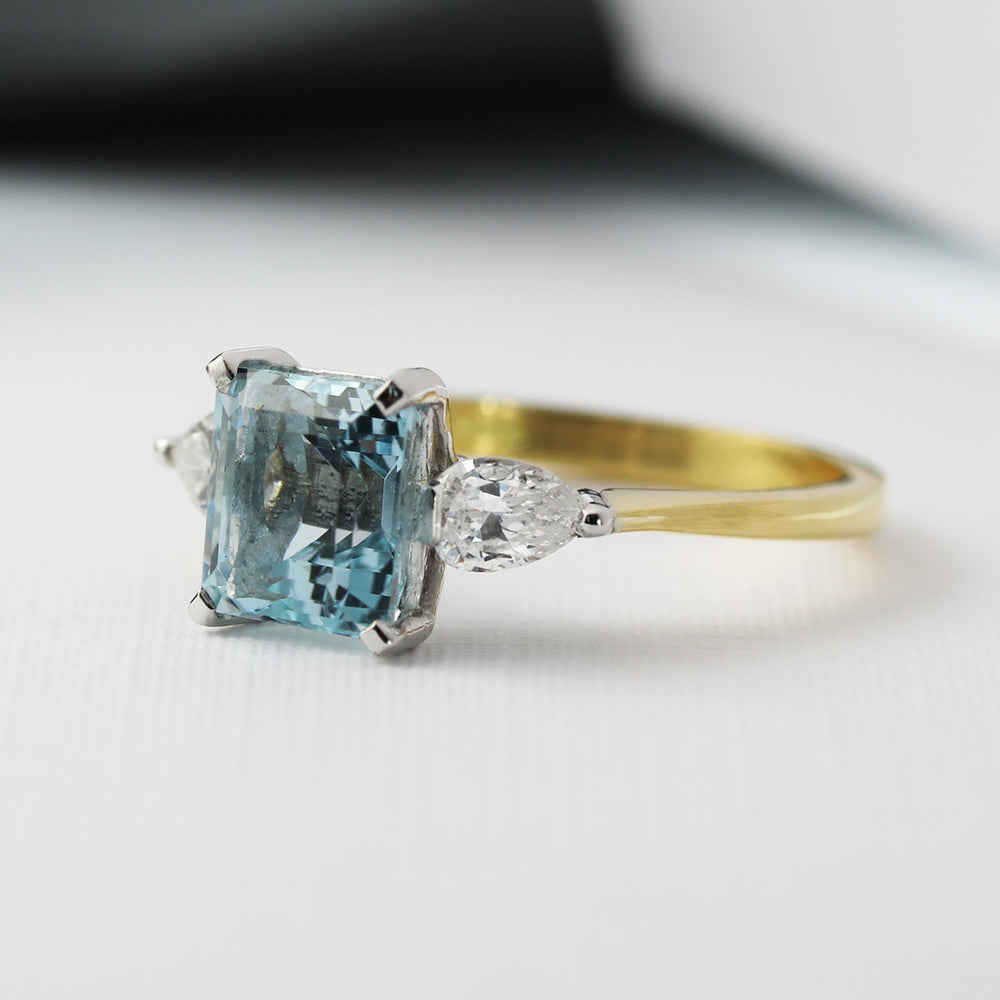 18ct Yellow Gold Oblong Aquamarine and Pear Shape Diamond Ring