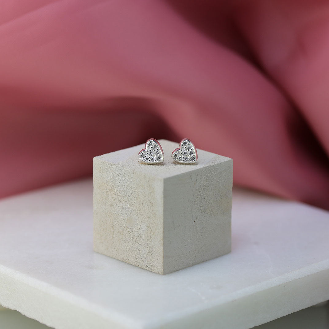 Silver CZ set Heart Stud Earrings
