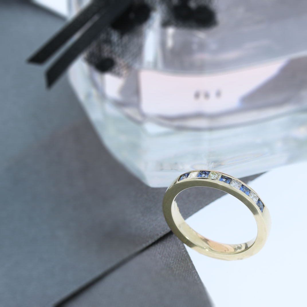 9ct Yellow Gold Channel Set Sapphire & Diamond Eternity Ring