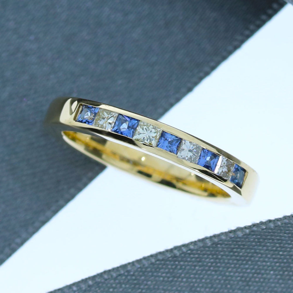 9ct Yellow Gold Channel Set Sapphire & Diamond Eternity Ring