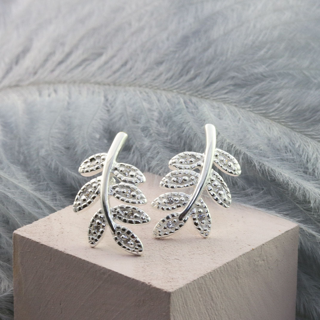 Silver Leaf Shaped CZ Studs