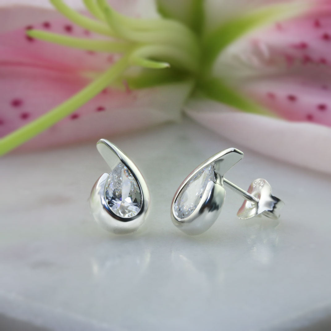 Silver Pear Shaped CZ Stud Earring