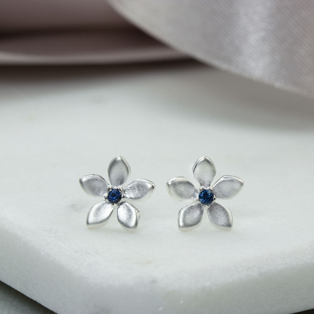 Silver Sapphire Flower Stud Earrings