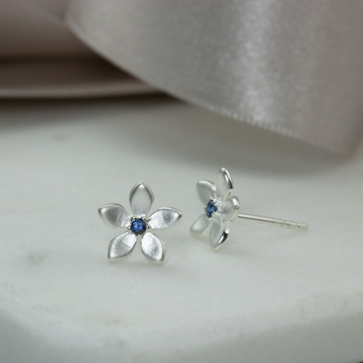 Silver Sapphire Flower Stud Earrings