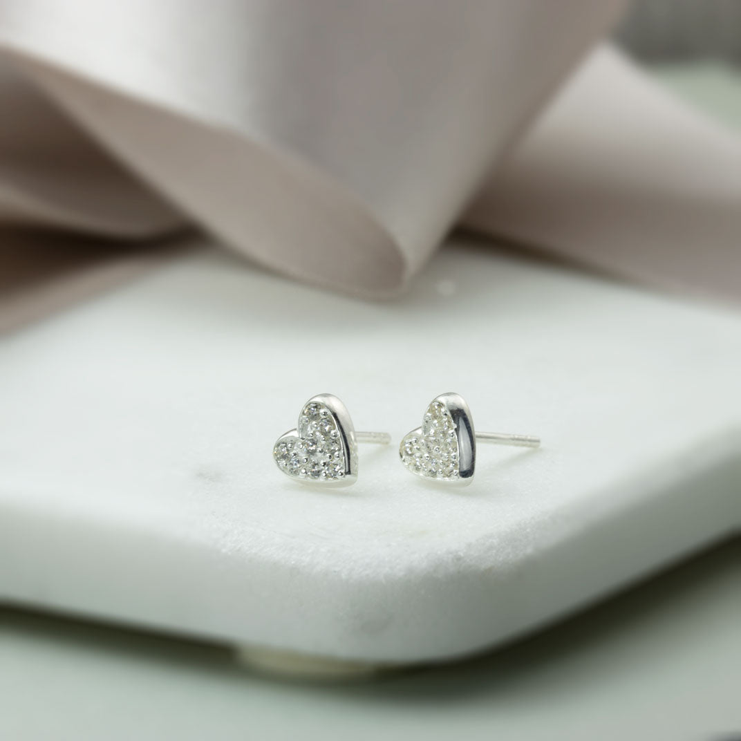 Silver CZ set Heart Stud Earrings