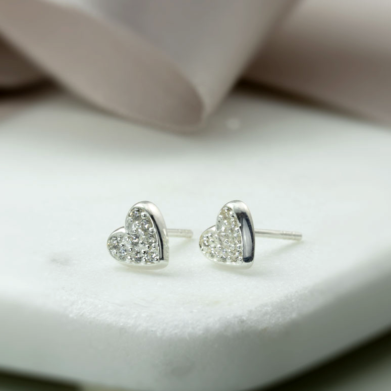 Silver CZ set Heart Stud Earrings