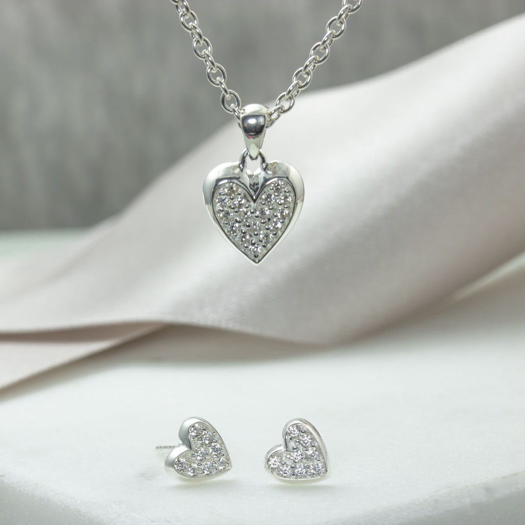 Silver CZ set Heart Stud Earrings