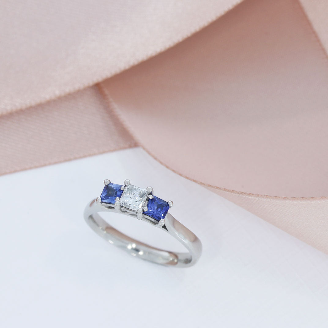 Platinum Sapphire & Certified Diamond 3 Stone Ring 035ct G VS1