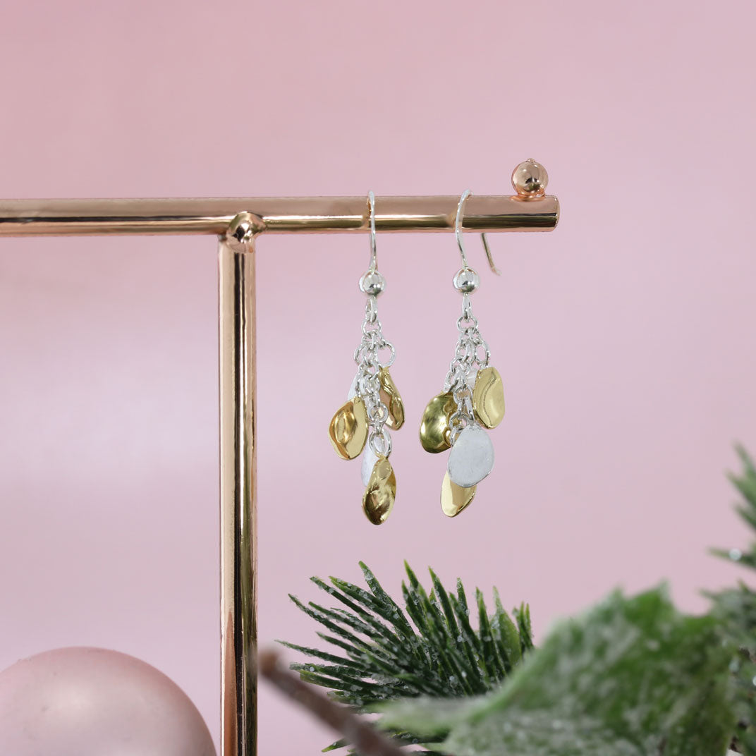 Silver and Yellow Gold Drop Pebble Cascade Earrings