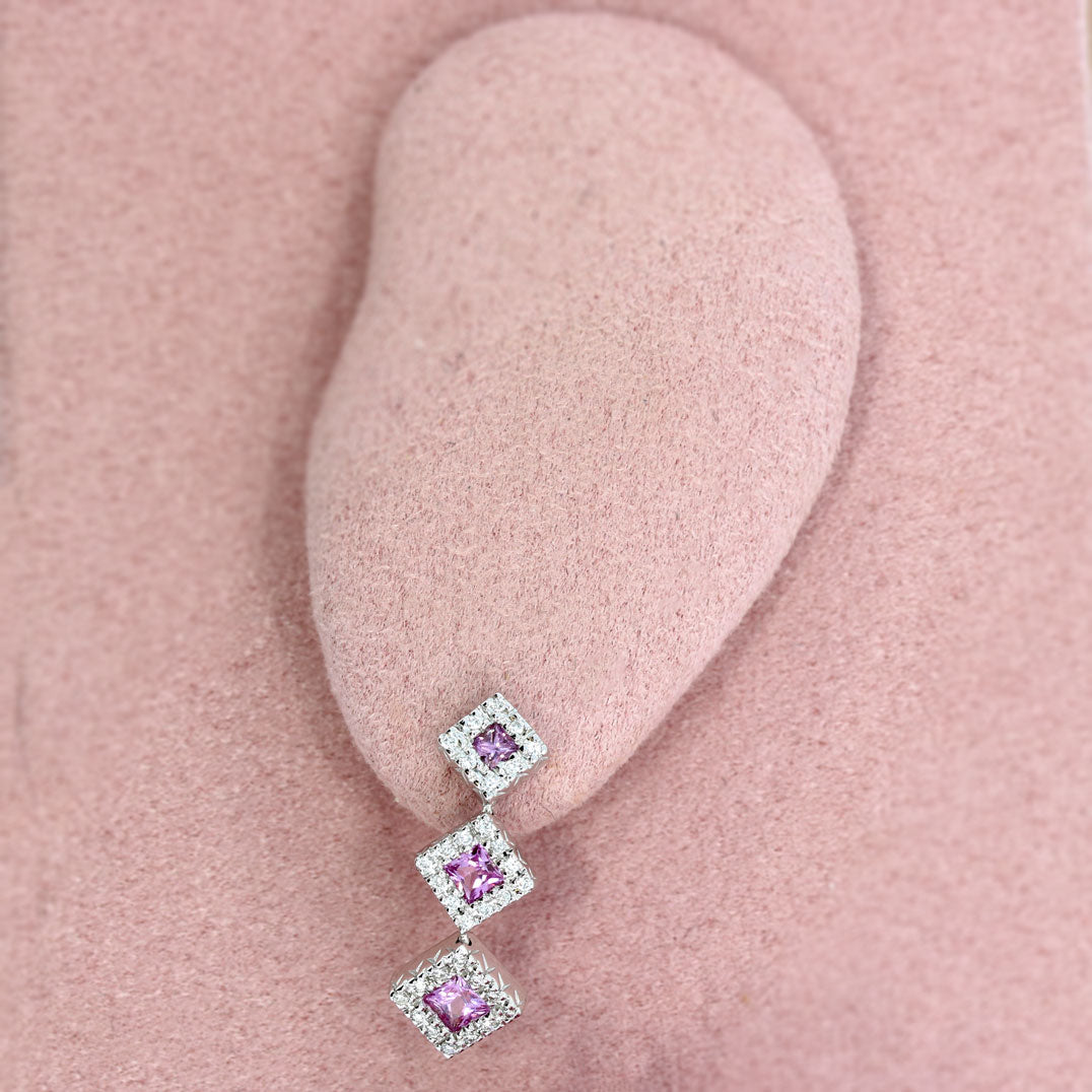 Pre Owned 18ct White Gold Pink Sapphire & Diamond Cluster Drop Earrings