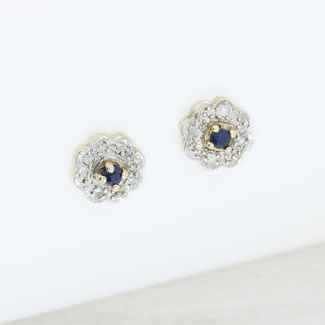 9ct Yellow Gold Flower Sapphire & Diamond Cluster Earrings