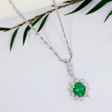 18ct White Gold Oval Emerald & Diamond Cluster Pendant Drop Pendant in 18ct Gold Chain