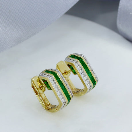 Pre Owned 18ct Yellow Gold Emerad & Diamond Huggie Style Earrings