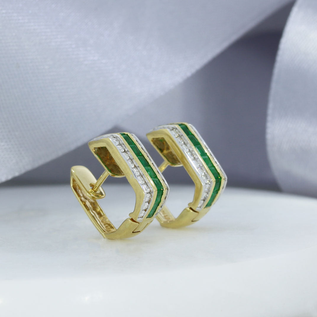 Pre Owned 18ct Yellow Gold Emerad & Diamond Huggie Style Earrings