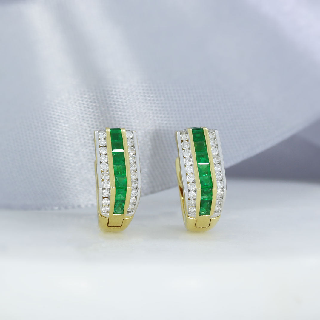 Pre Owned 18ct Yellow Gold Emerad & Diamond Huggie Style Earrings