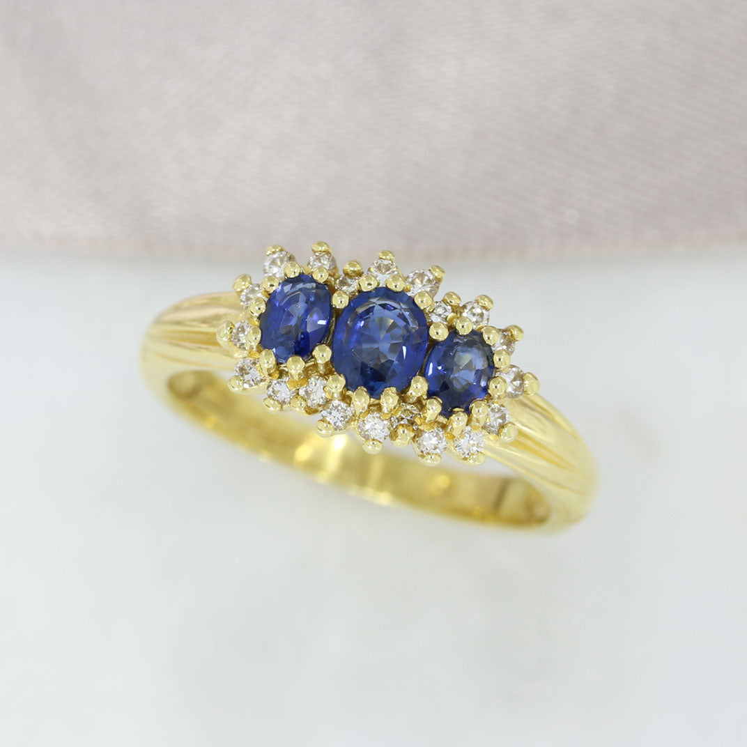 18ct Yellow Gold Claw Set 3 Oval Sapphire & Diamond Cluster Ring