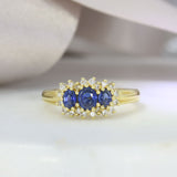 18ct Yellow Gold Claw Set 3 Oval Sapphire & Diamond Cluster Ring