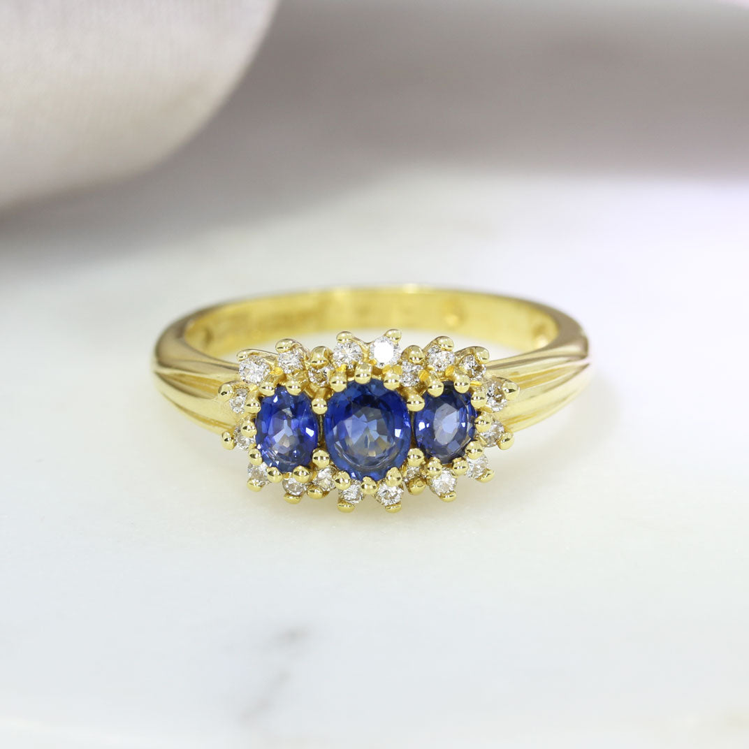 18ct Yellow Gold Claw Set 3 Oval Sapphire & Diamond Cluster Ring