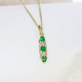 Pre-Owned 9ct Yellow Gold Emerald & Diamond Drop Bar Pendant & 20" Chain