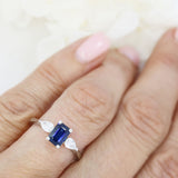 Platinum Emerald Cut Sapphire & Pear Shape Diamond 3 Stone Ring
