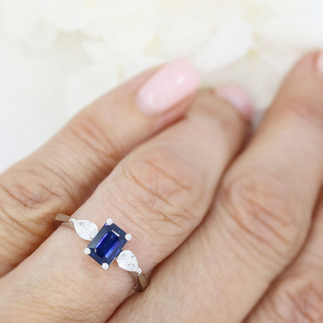 Platinum Emerald Cut Sapphire & Pear Shape Diamond 3 Stone Ring