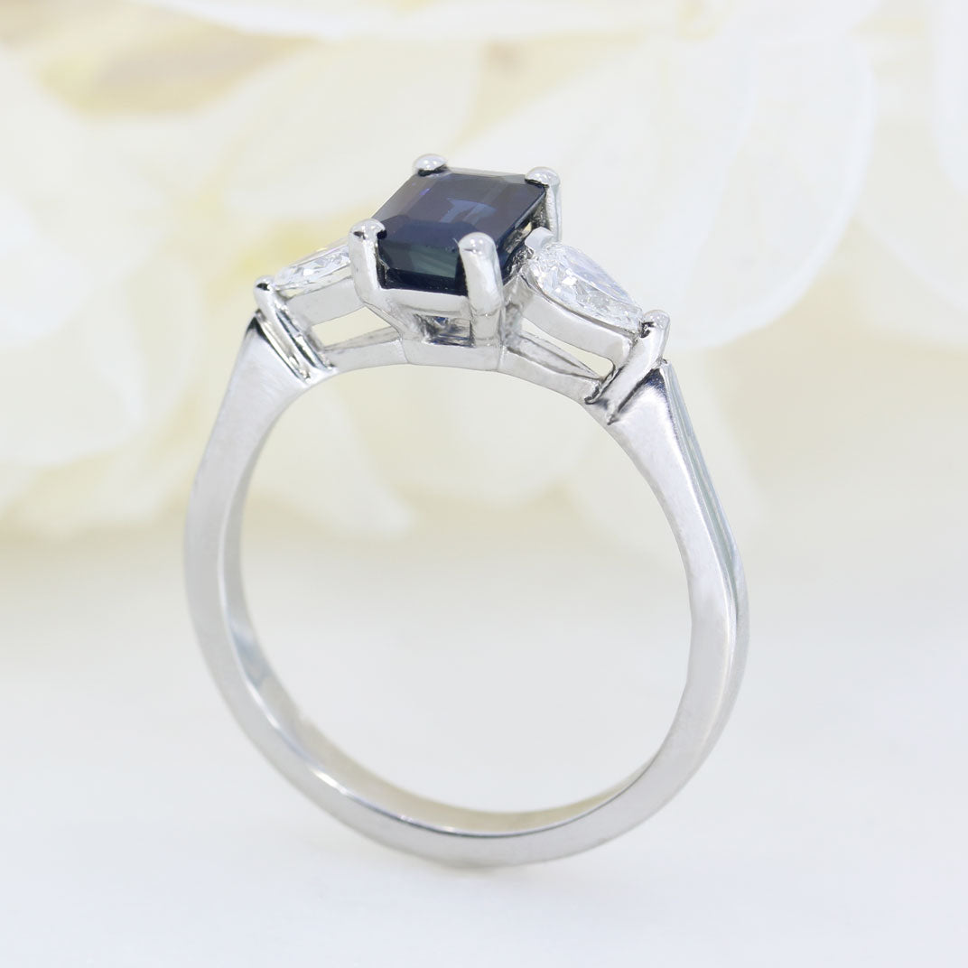 Platinum Emerald Cut Sapphire & Pear Shape Diamond 3 Stone Ring