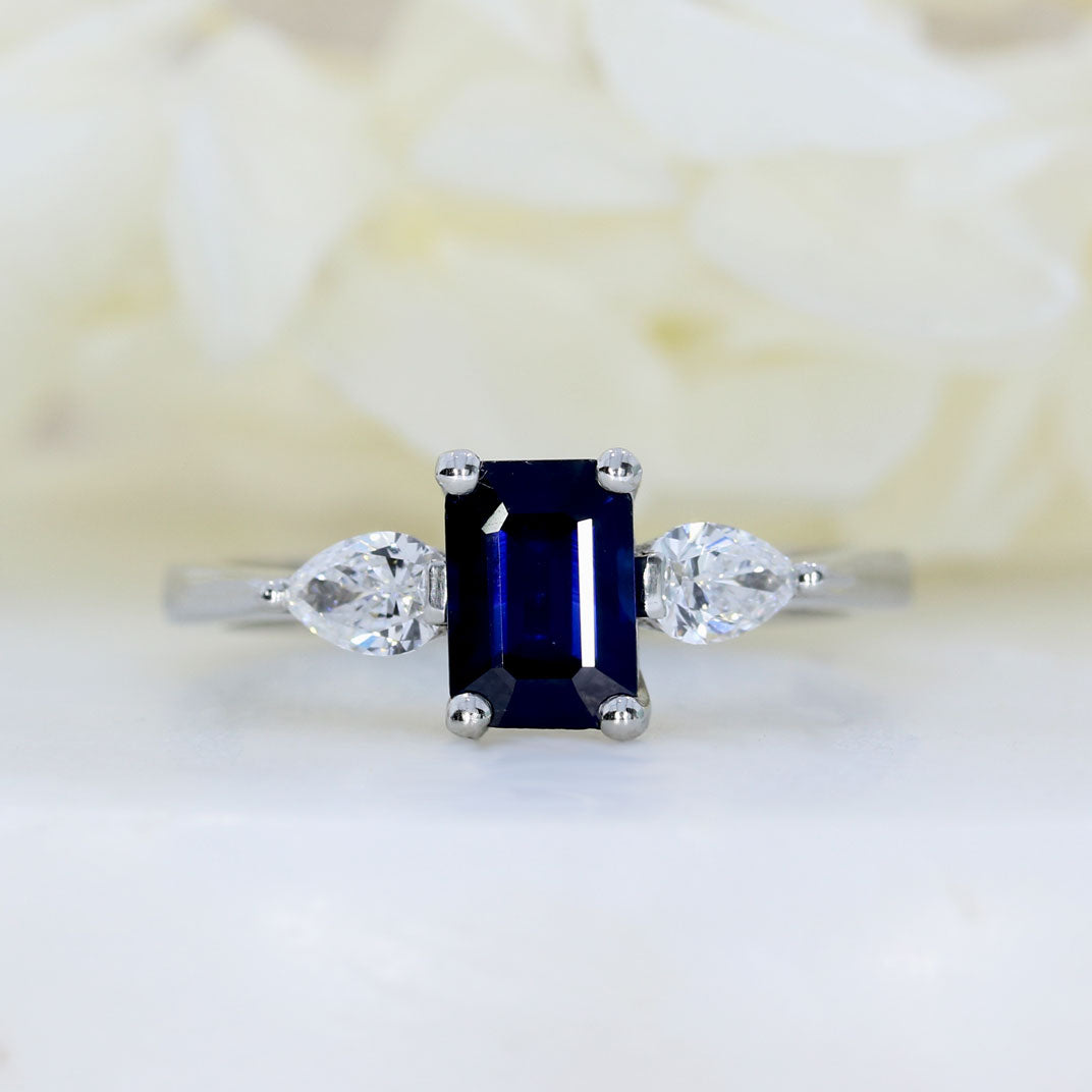 Platinum Emerald Cut Sapphire & Pear Shape Diamond 3 Stone Ring