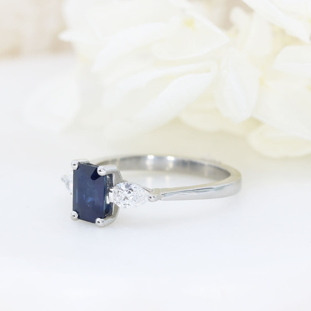 Platinum Emerald Cut Sapphire & Pear Shape Diamond 3 Stone Ring