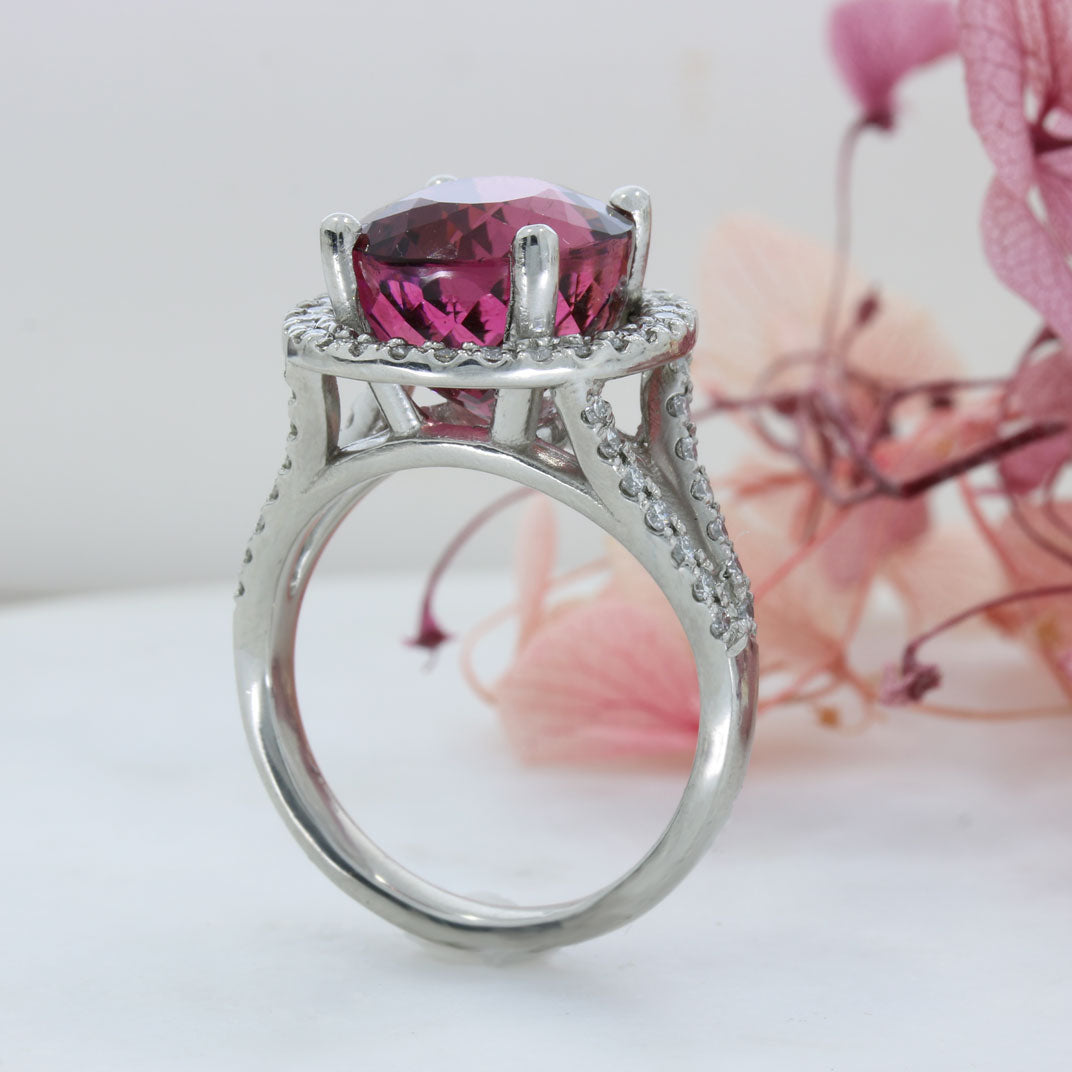 Platinum 6.07ct Pink Tourmaline & Diamond Halo Cluster Ring