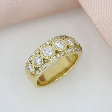 18ct Yellow Gold Wide Dress Ring with Rubover and Claw Set Diamonds 1.25ct