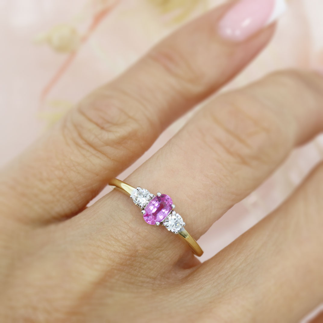 Pre Owned 18ct Yellow Gold Oval Pink Sapphire & Diamond 3 Stone Ring