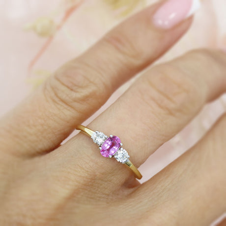 Pre Owned 18ct Yellow Gold Oval Pink Sapphire & Diamond 3 Stone Ring