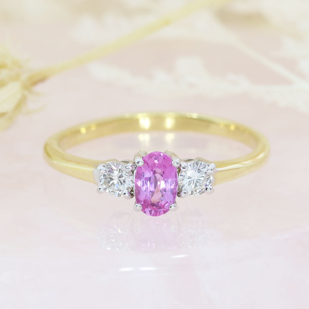 Pre Owned 18ct Yellow Gold Oval Pink Sapphire & Diamond 3 Stone Ring