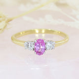 Pre Owned 18ct Yellow Gold Oval Pink Sapphire & Diamond 3 Stone Ring