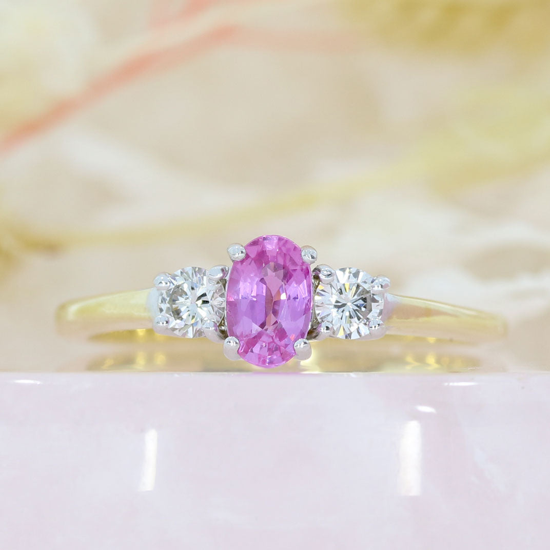 Pre Owned 18ct Yellow Gold Oval Pink Sapphire & Diamond 3 Stone Ring